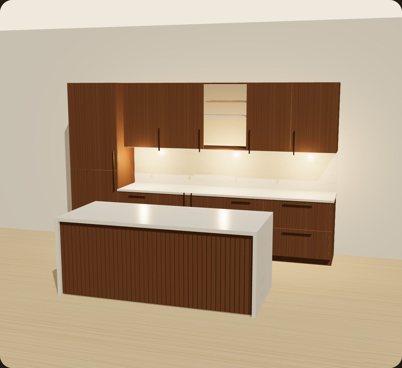 3D model of a custom walnut kitchen with island