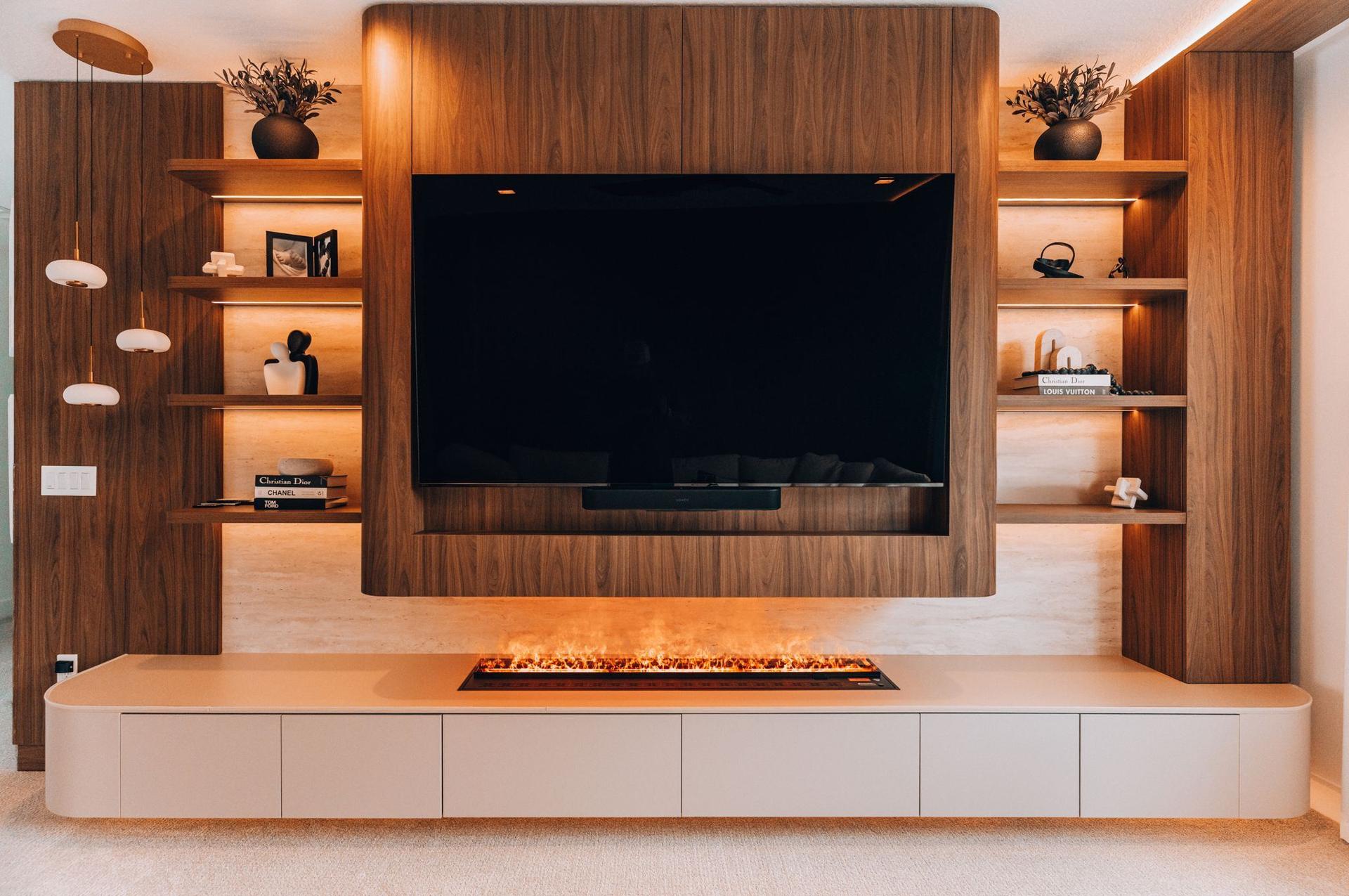 Walnut media wall with integrated LED