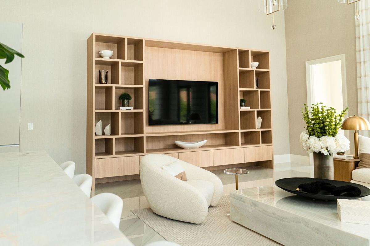 White oak living room wall unit with open shelving