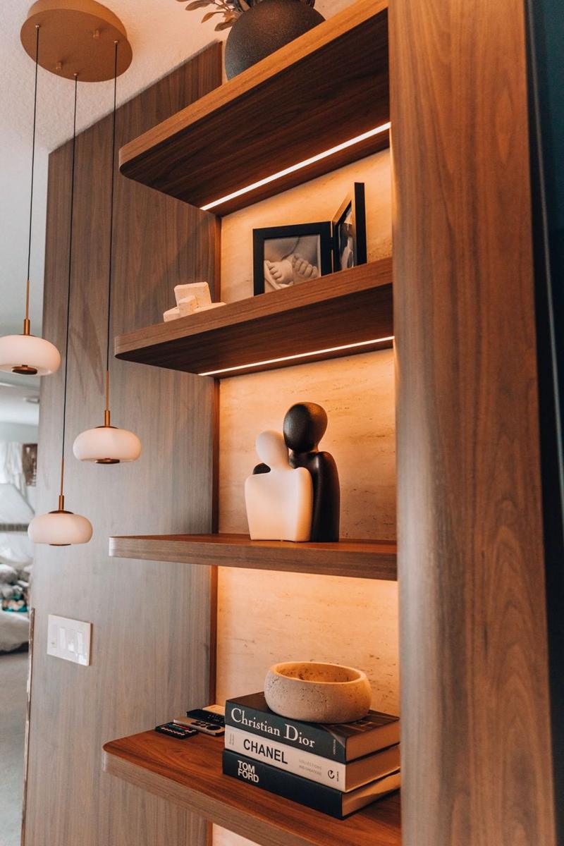 Walnut floating shelves with integrated LED